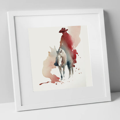 The Crimson Rider western horse art print in white frame