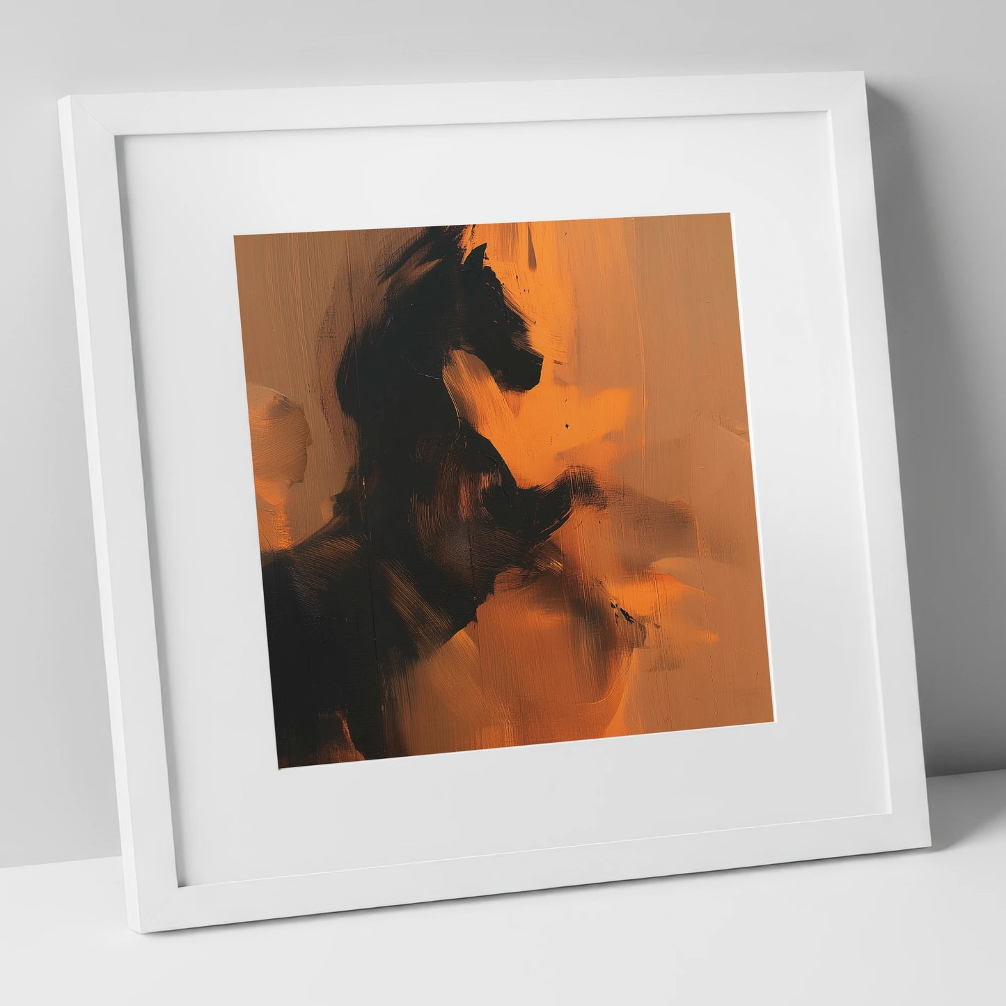 Amber Equine Silhouette horse portrait art print in white frame