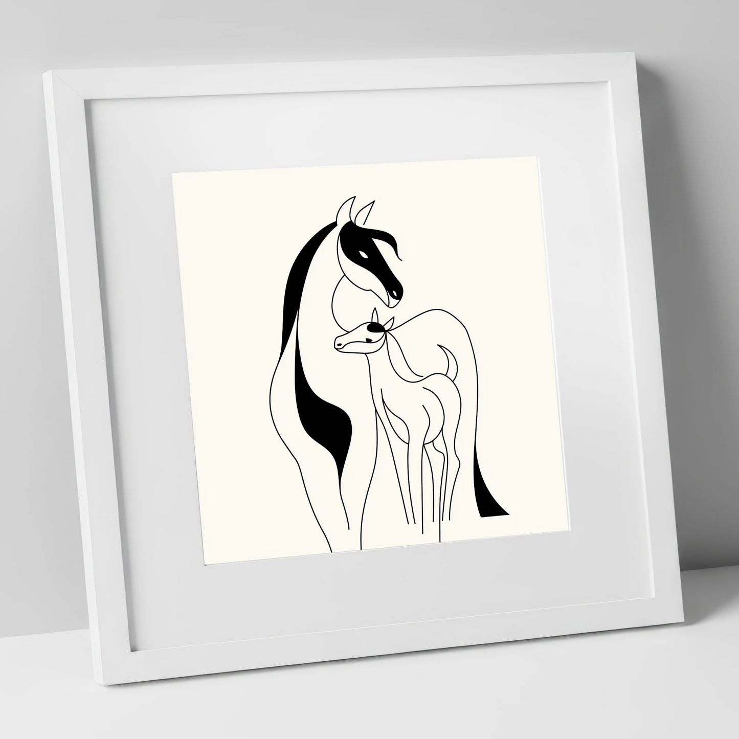Tender Equine Silhouette mare & foal art print in white frame