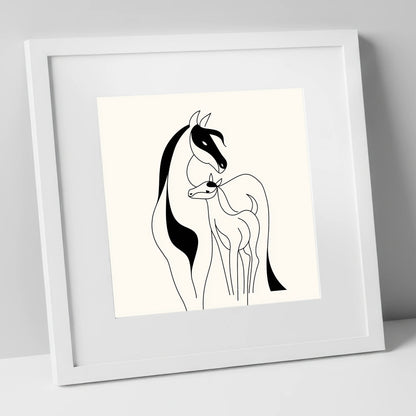 Tender Equine Silhouette mare & foal art print in white frame