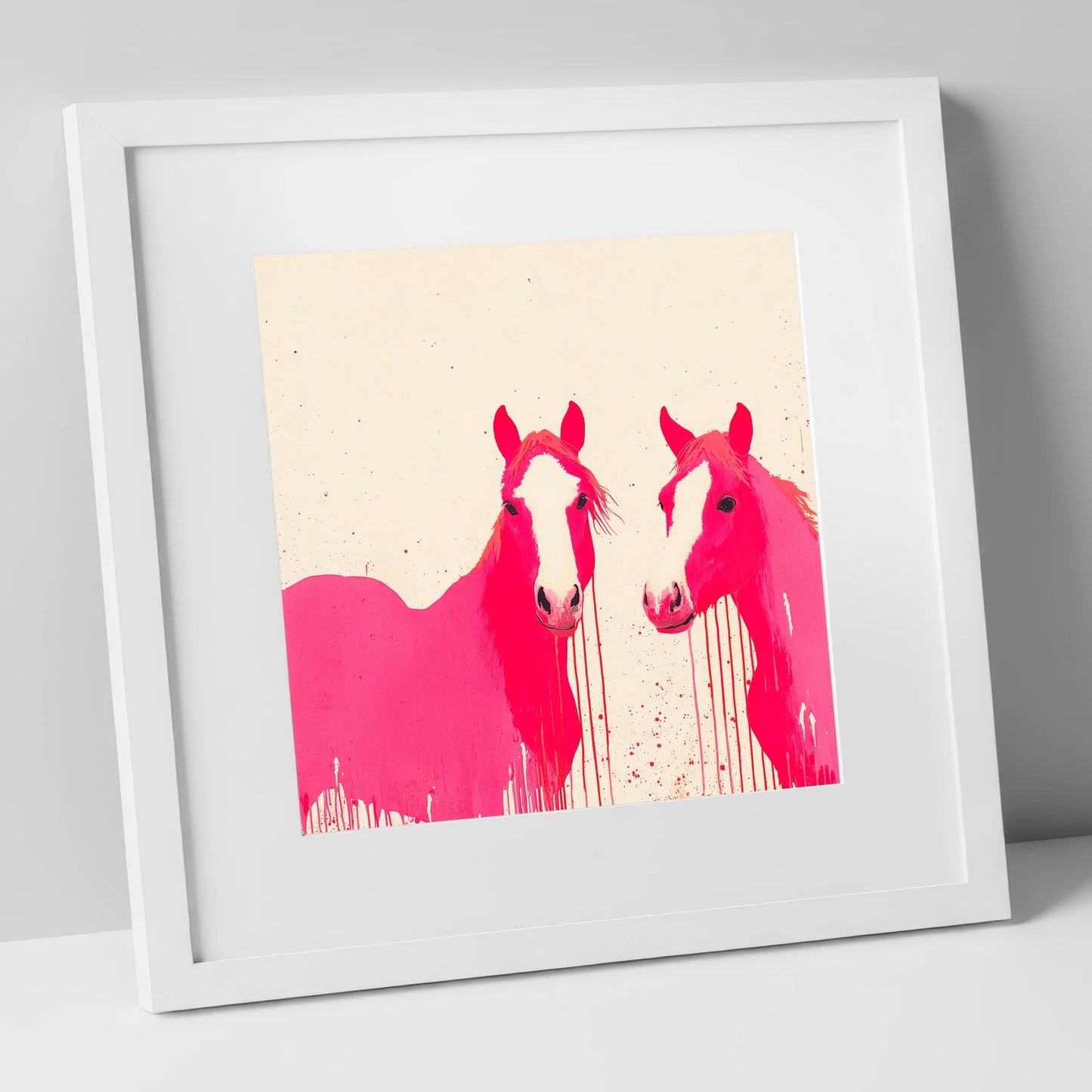 Vivid Pink Companions horse landscape art print in white frame