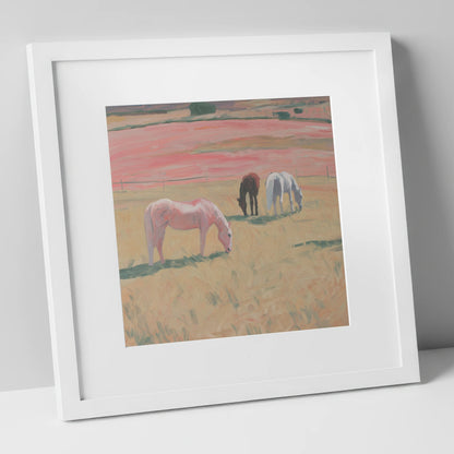 Dusky Meadow Grazing horse landscape art print in white frame