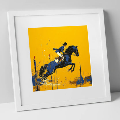 Airborne in Ochre show jumping horse art print in white frame
