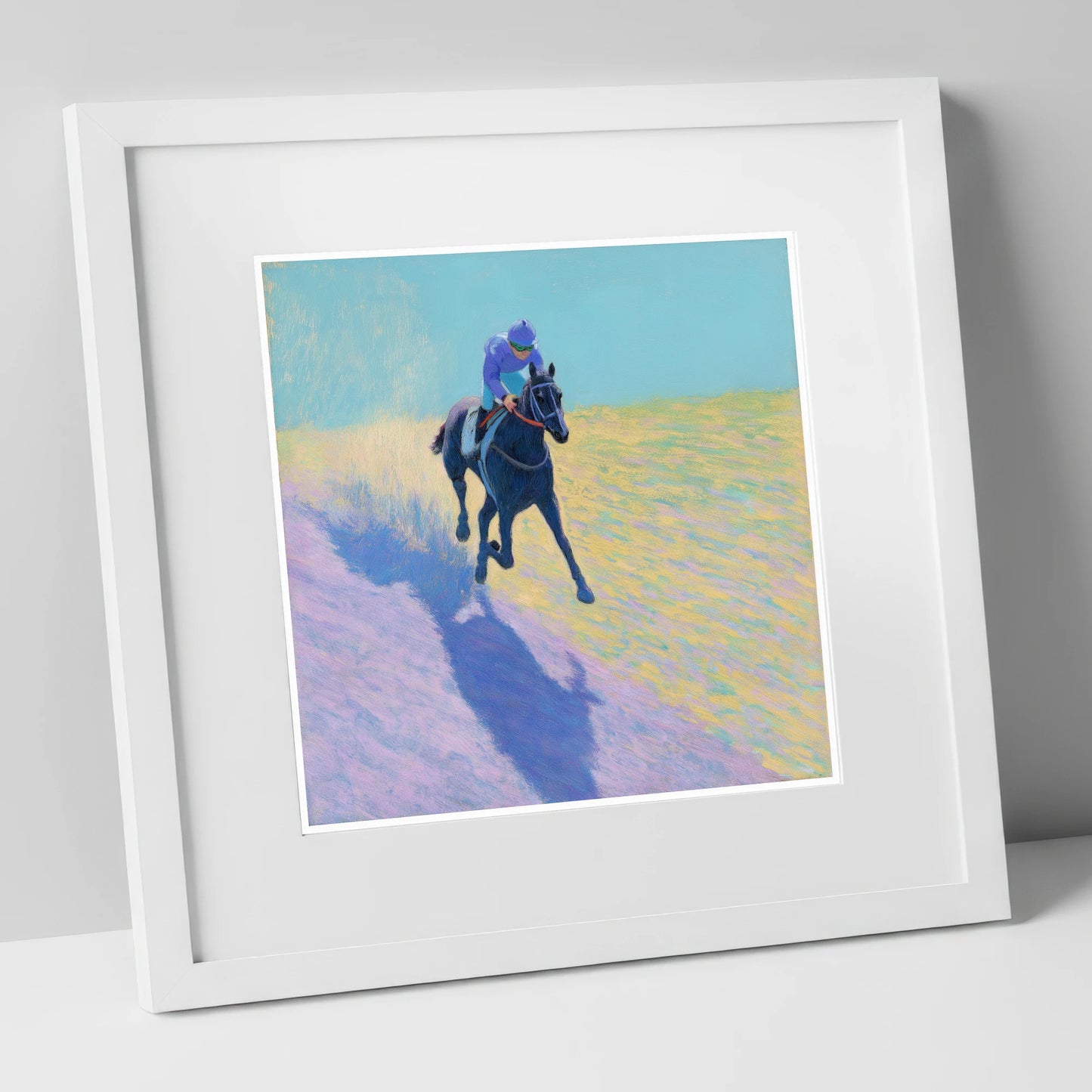 Pastel Morning Canter racing horse art print in white frame