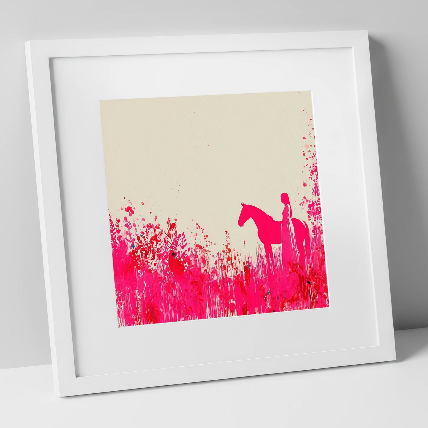 Vibrant Magenta Silhouette horse & rider art print in white frame