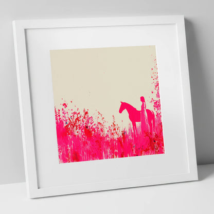 Vibrant Magenta Silhouette horse & rider art print in white frame