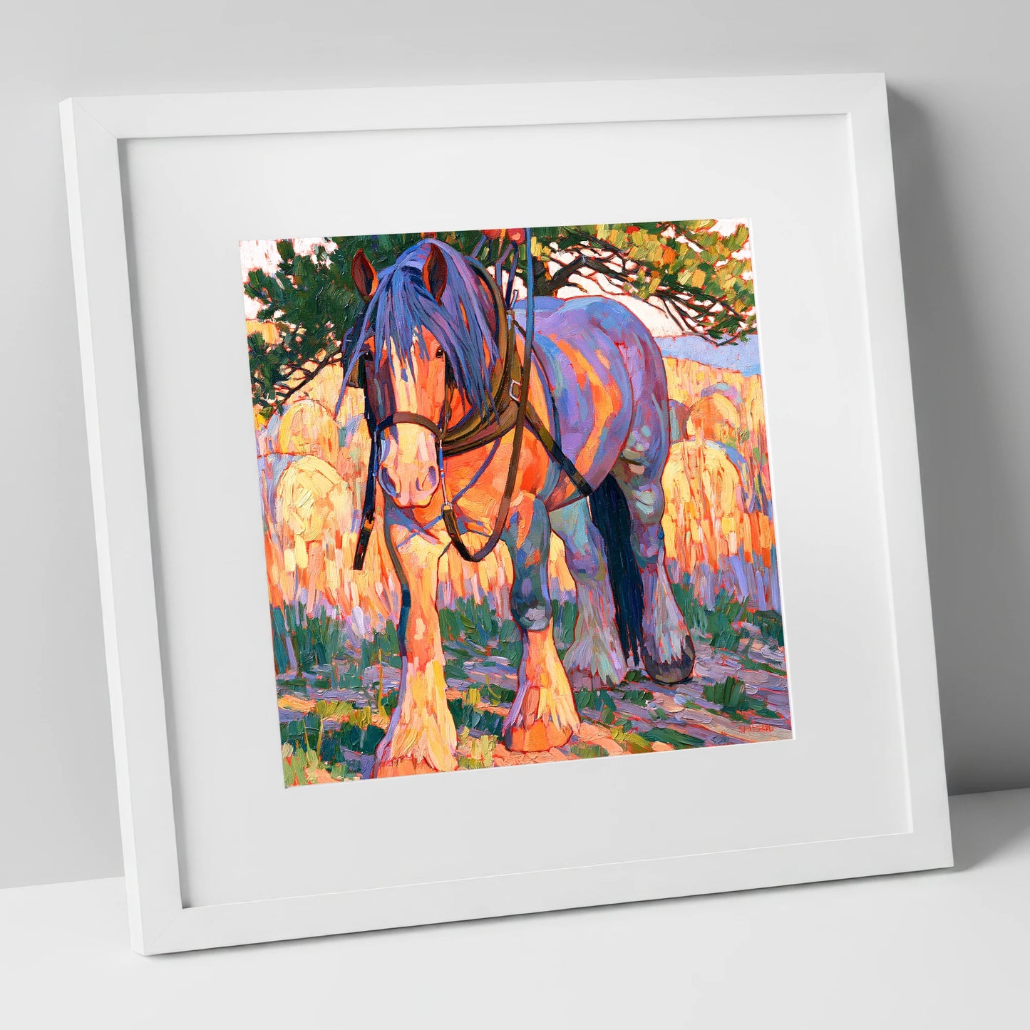 Colourful Heavy Horse In Harness horse breed art print in white frame