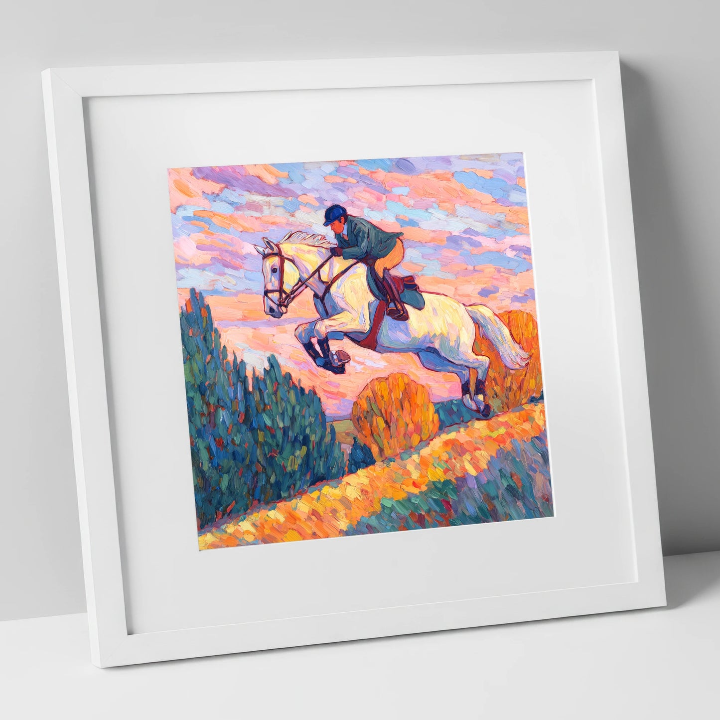 Airborne at Dusk show jumping horse art print in white frame