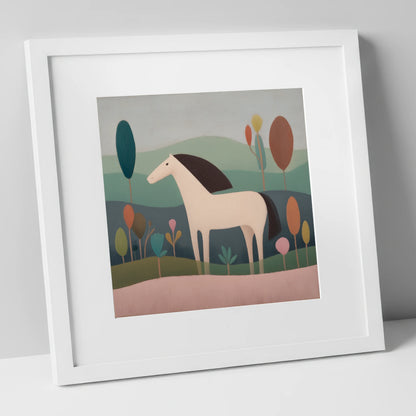 Tranquil Meadow Grey horse breed art print in white frame