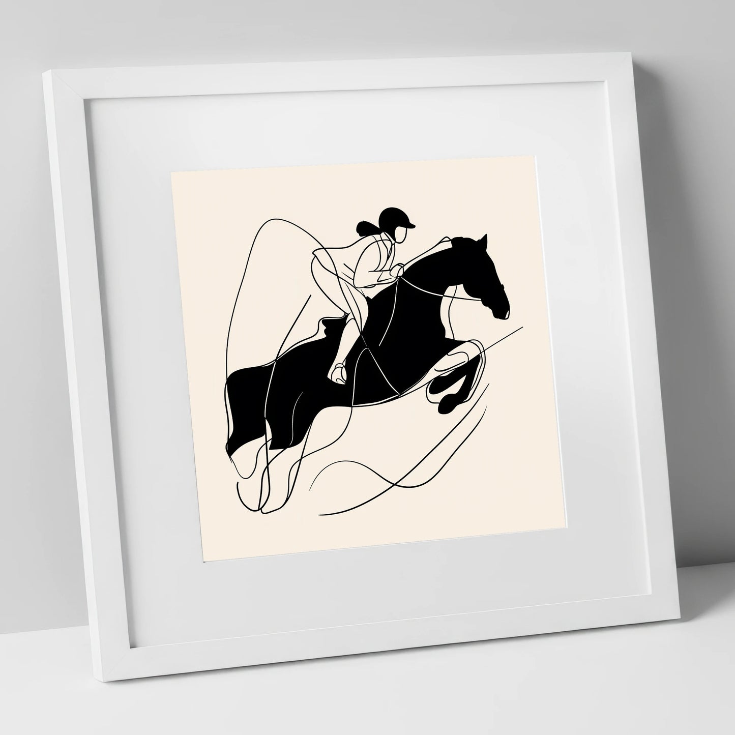Fluid Showjumping Silhouette show jumping horse art print in white frame