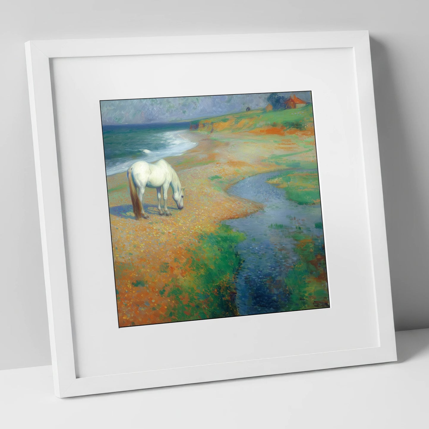 Vibrant Coastal Grazing horse landscape art print in white frame
