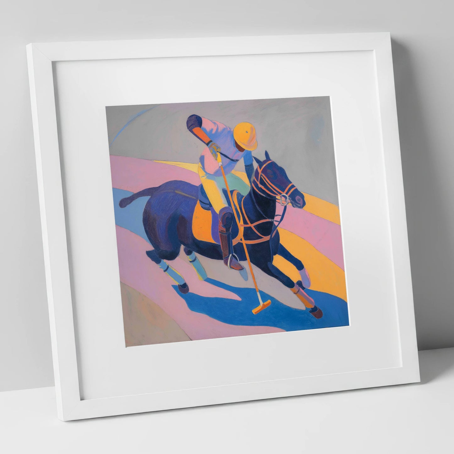Vibrant Polo Charge polo horse art print in white frame