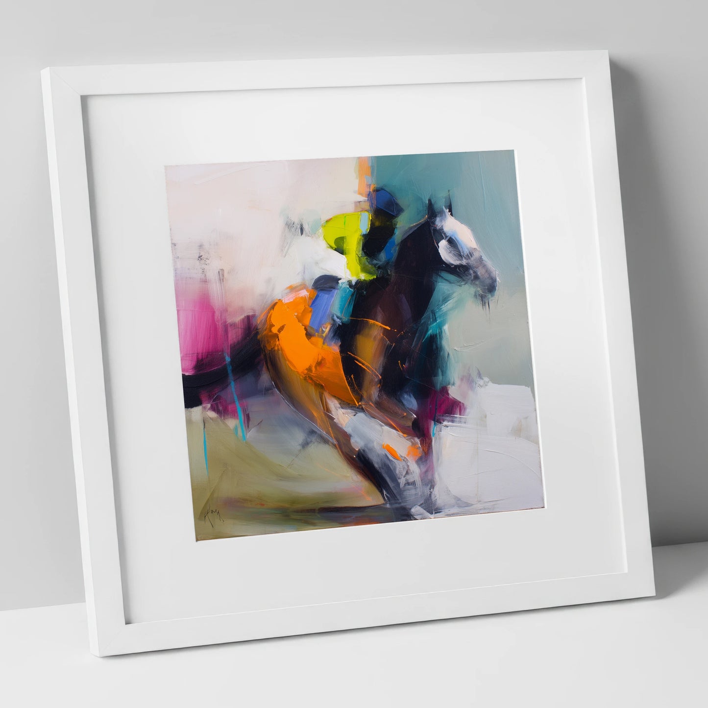 Technicolour Gallop racing horse art print in white frame