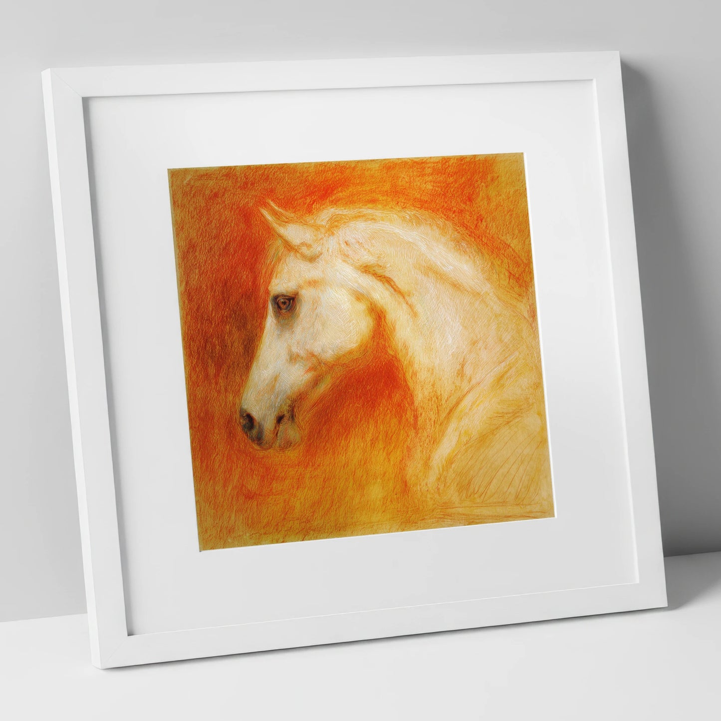 Terracotta Spirit horse portrait art print in white frame