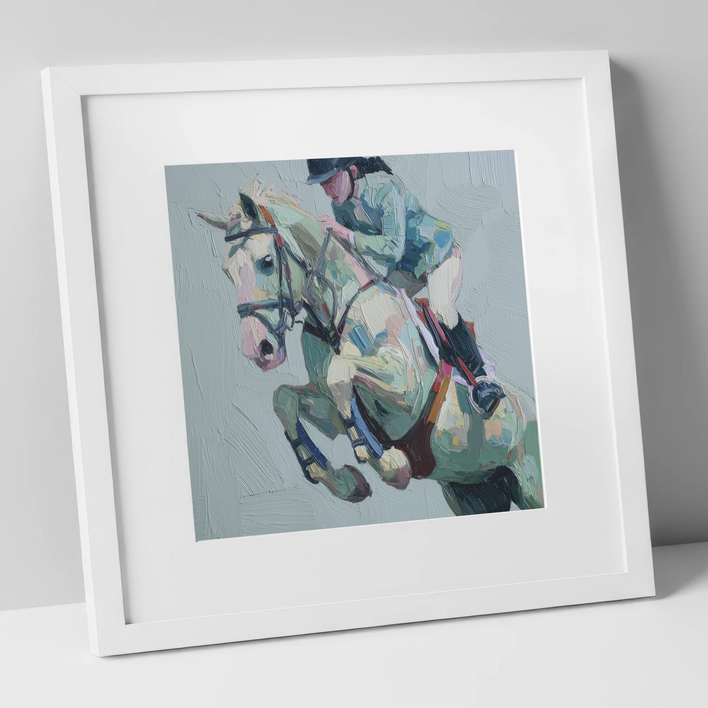Pastel Flight Mid-Air show jumping horse art print in white frame