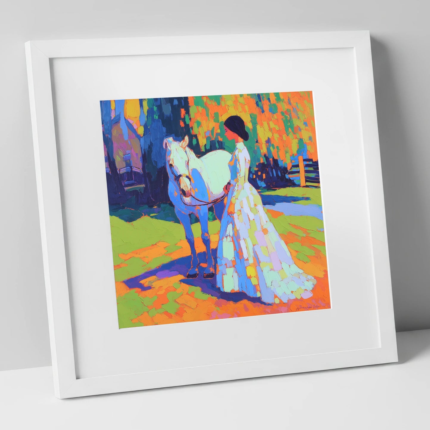 Radiant Bond horse & rider art print in white frame