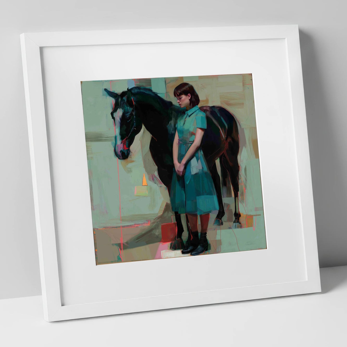 A Quiet Connection horse & rider art print in white frame