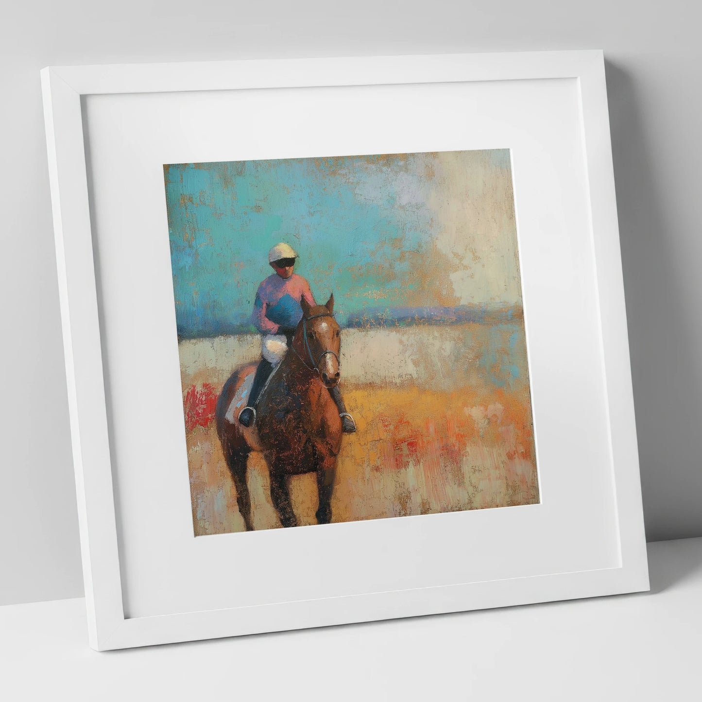 To the Start racing horse art print in white frame