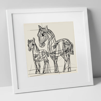 Linear Equine Bond mare & foal art print in white frame