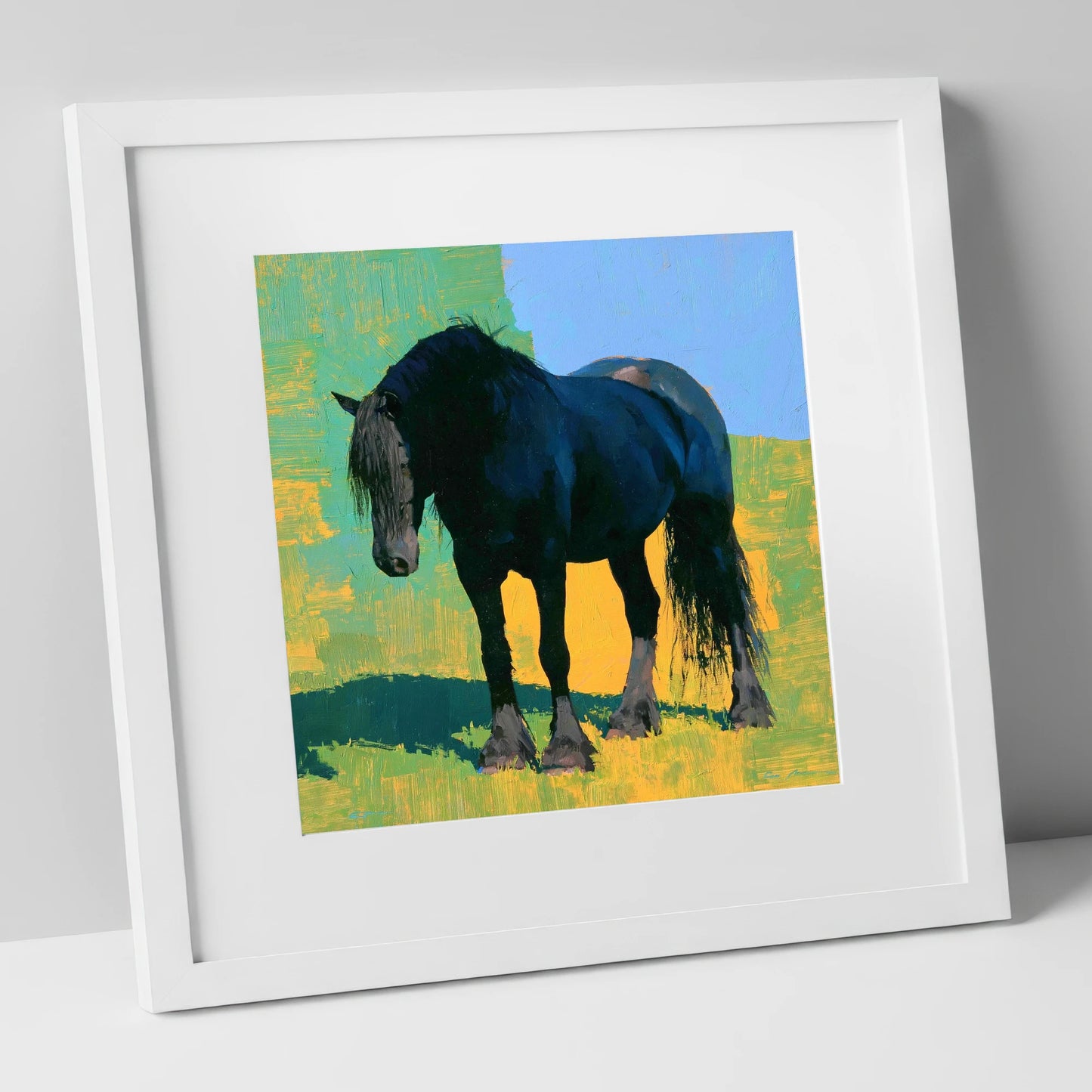 Black Horse Against Vibrant Yellow horse breed art print in white frame