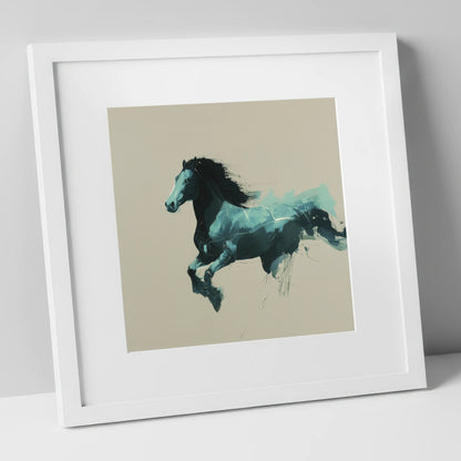 Dynamic Teal Bound horse breed art print in white frame