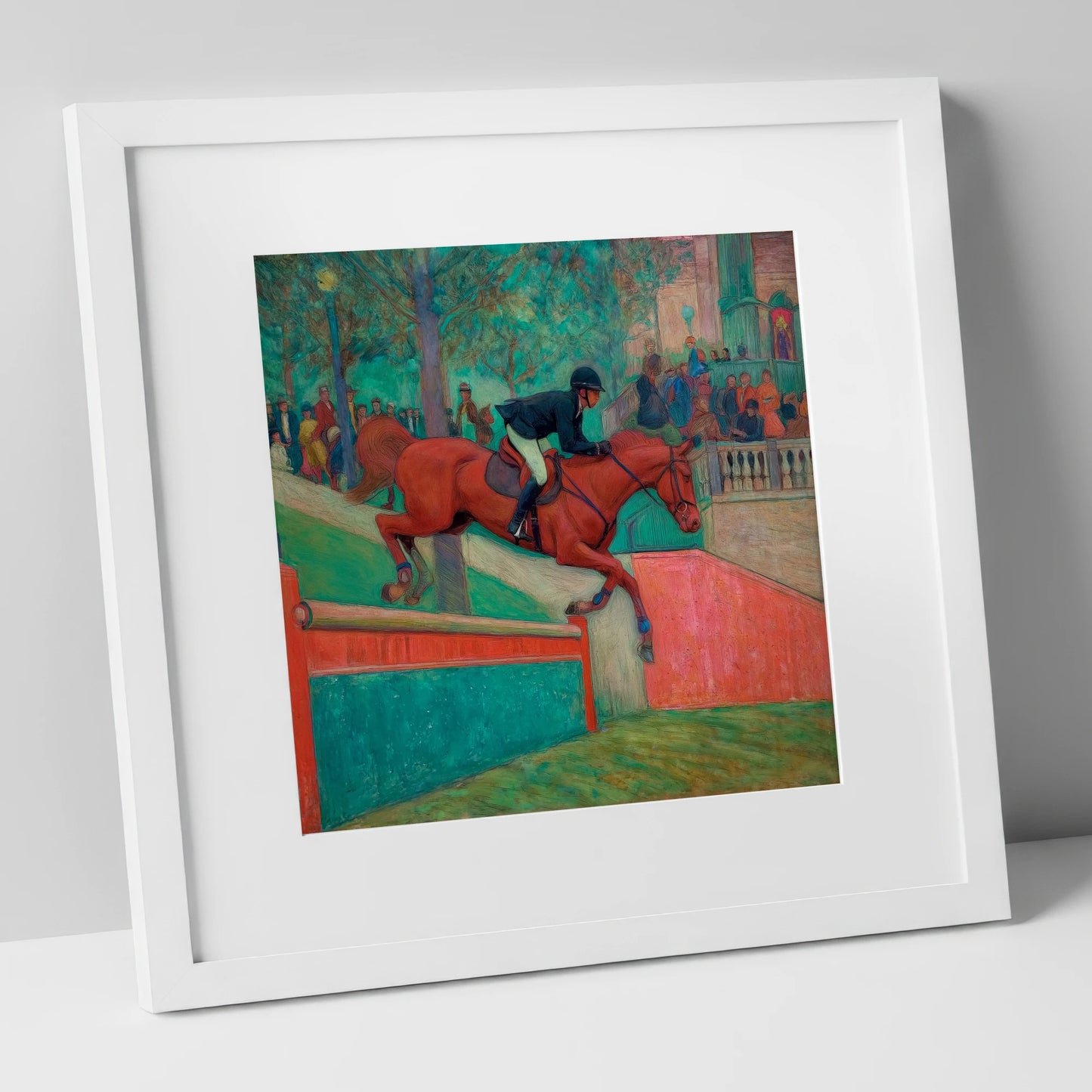 The Emerald Leap show jumping horse art print in white frame