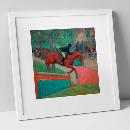 The Emerald Leap show jumping horse art print in white frame