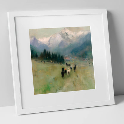 Distant Valley Ride horse landscape art print in white frame