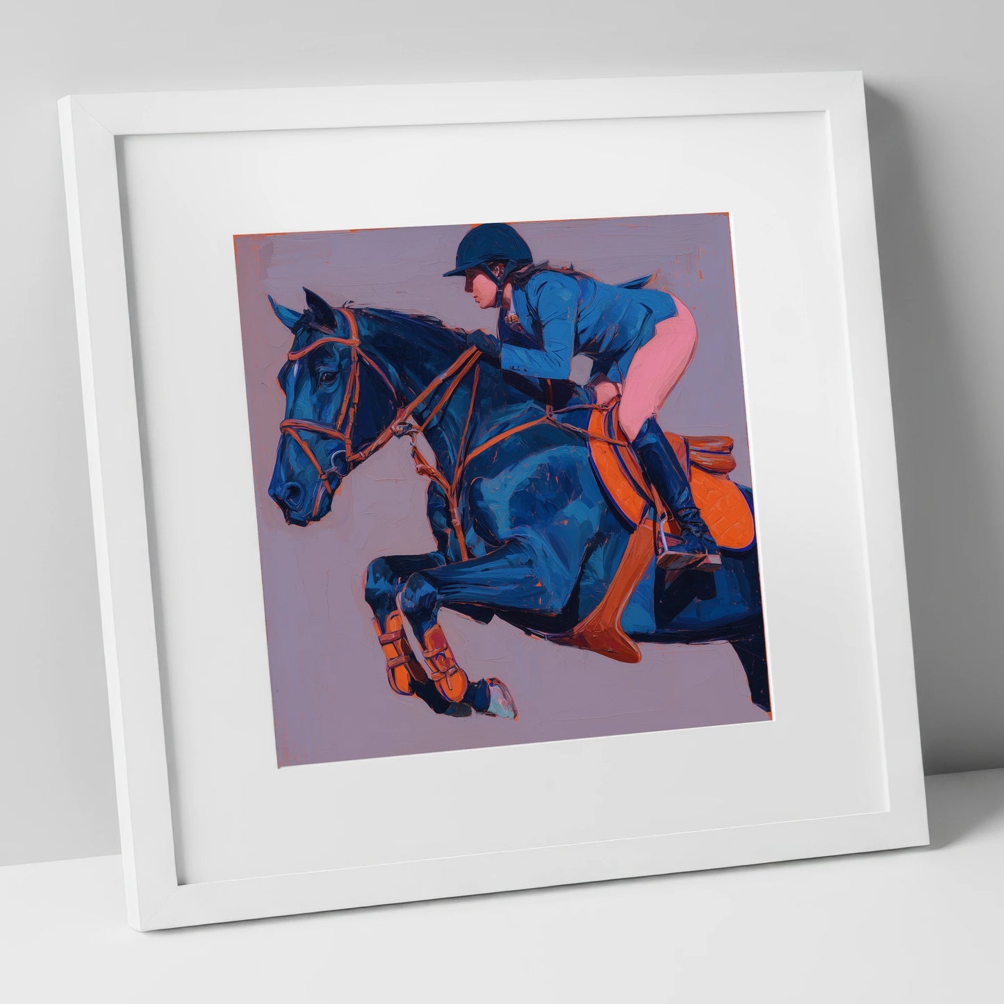 Flight in Indigo show jumping horse art print in white frame