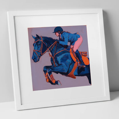 Flight in Indigo show jumping horse art print in white frame