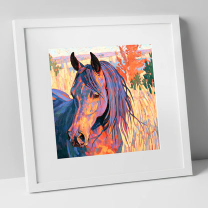Colourful Horse in Autumn Grass horse breed art print in white frame