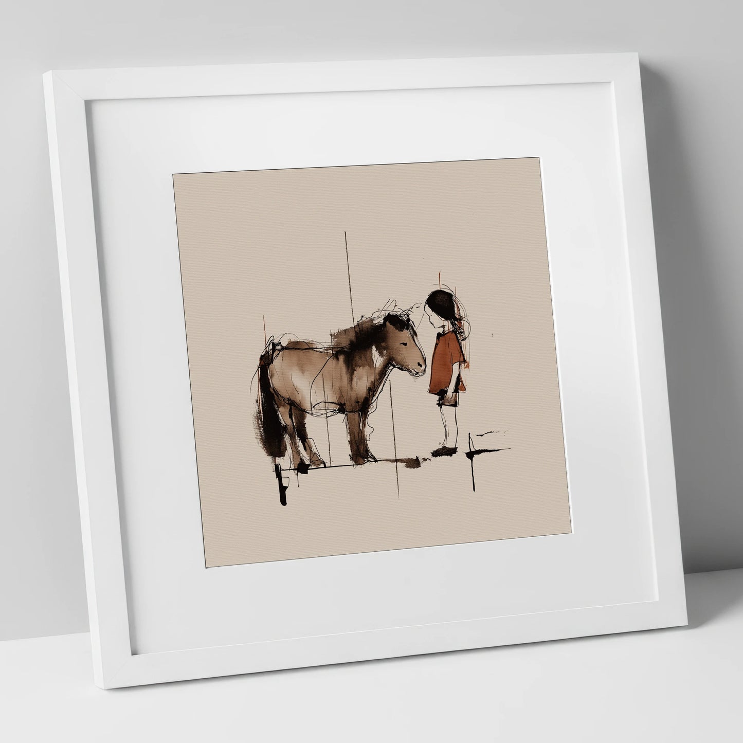 Silent Understanding horse & rider art print in white frame