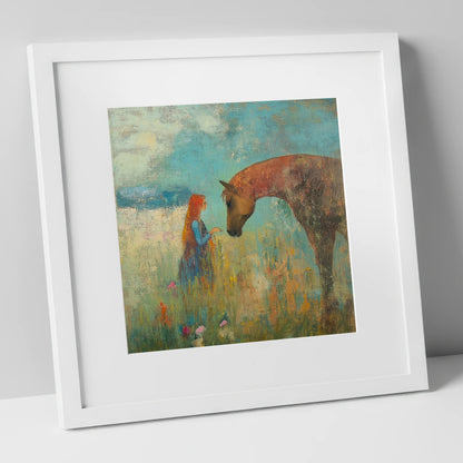 A Quiet Connection horse & rider art print in white frame