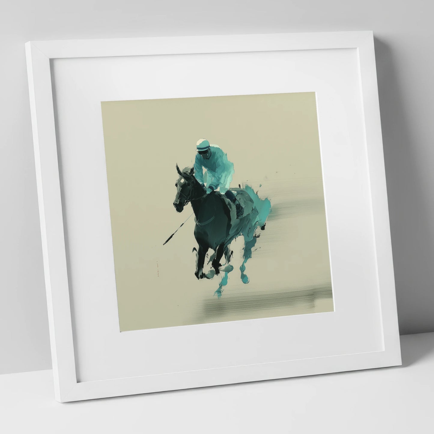 Teal Velocity racing horse art print in white frame