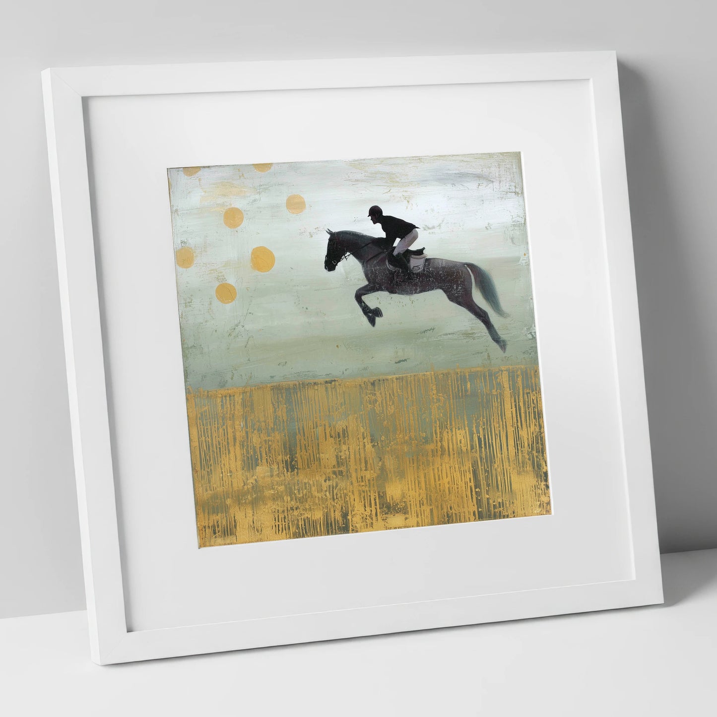 Gilded Flight show jumping horse art print in white frame