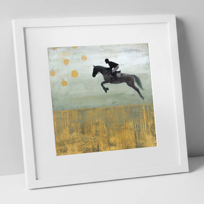 Gilded Flight show jumping horse art print in white frame