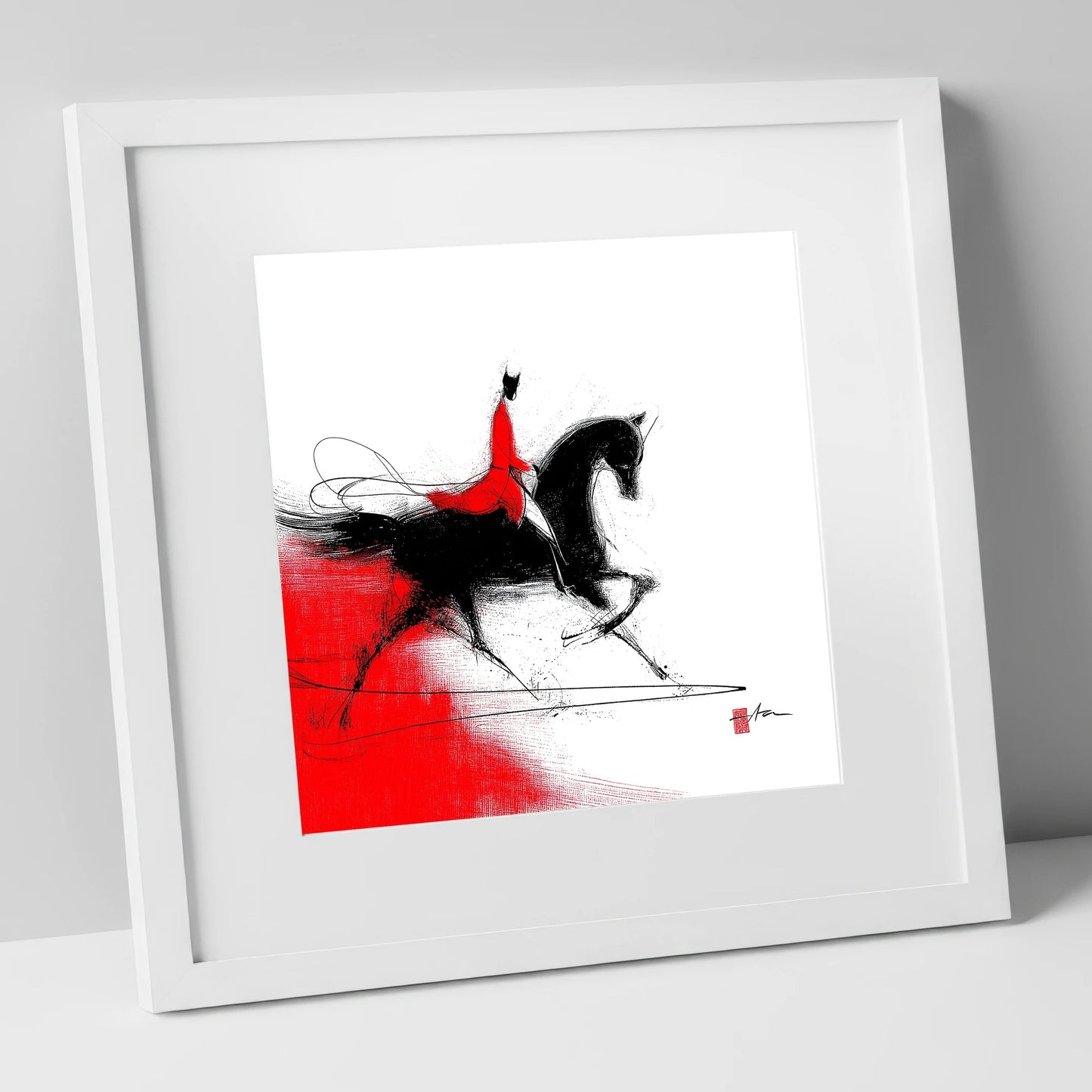 Silhouette in Crimson dressage horse art print in white frame