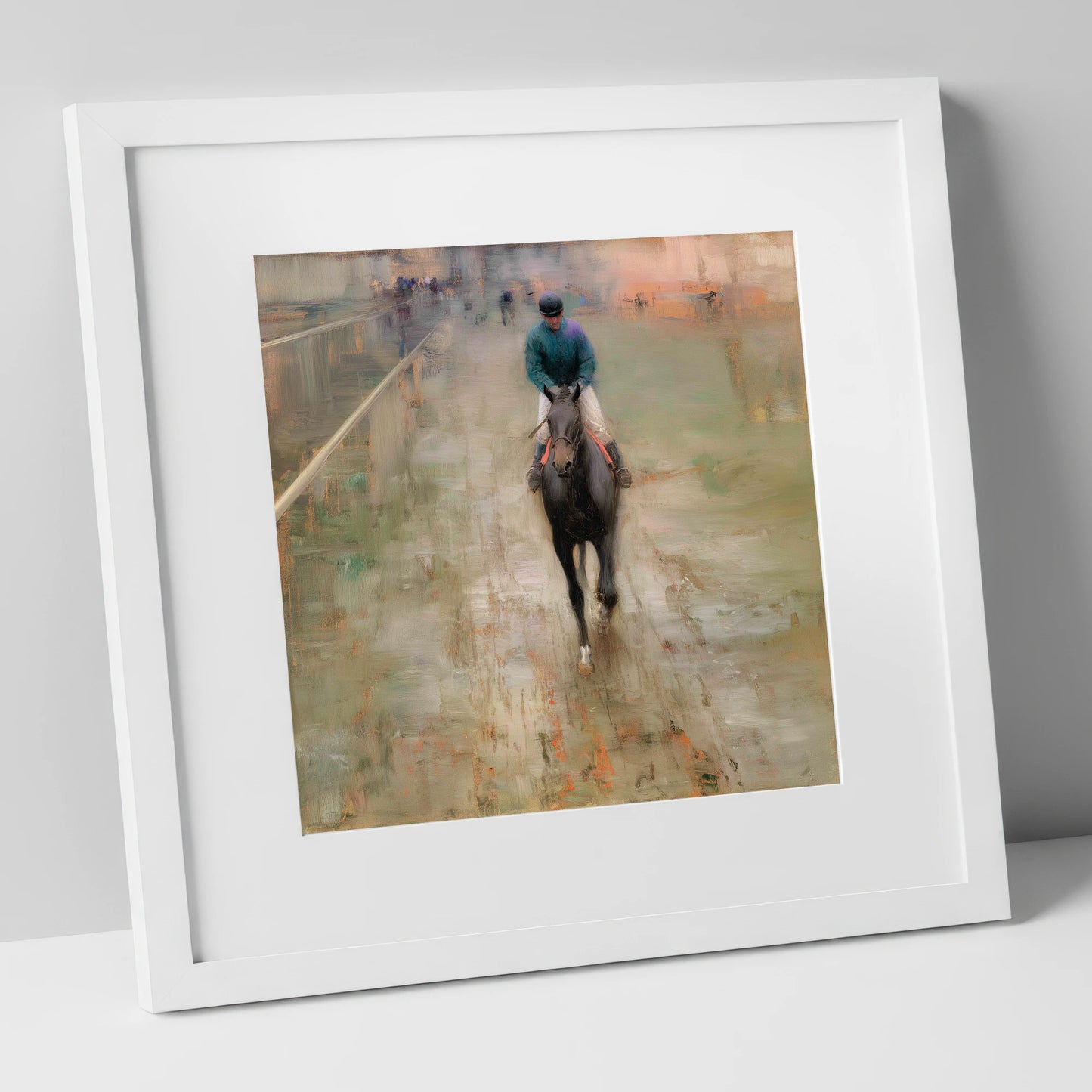 Dawn on the Turf racing horse art print in white frame