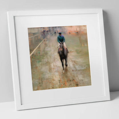 Dawn on the Turf racing horse art print in white frame