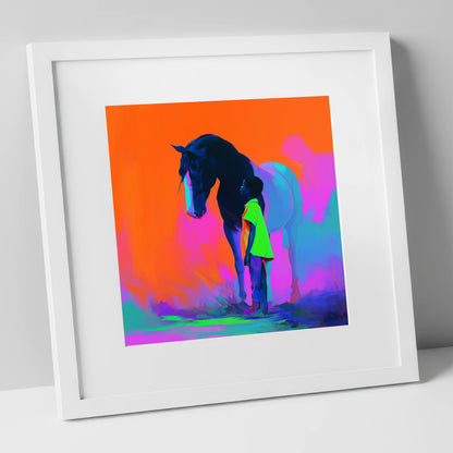 Electric Bond horse & rider art print in white frame