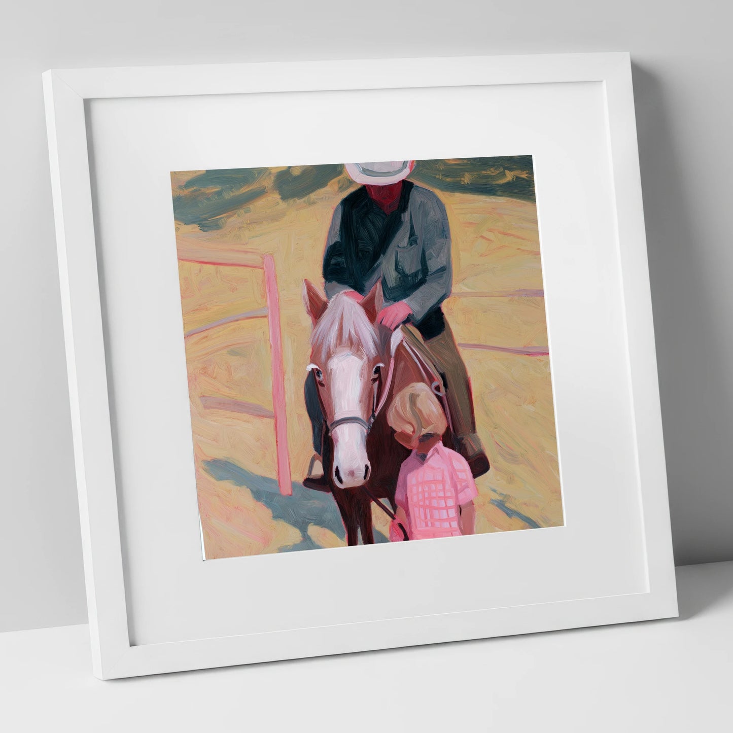 The Gentle Lesson horse & rider art print in white frame