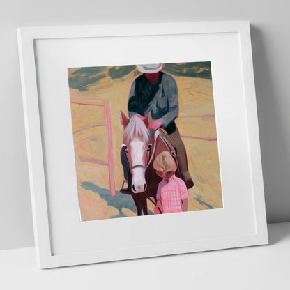 The Gentle Lesson horse & rider art print in white frame