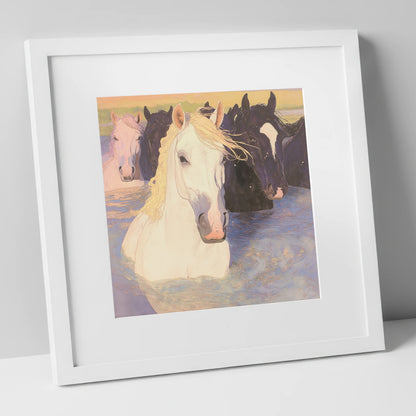 Luminous River Herd wild horses art print in white frame