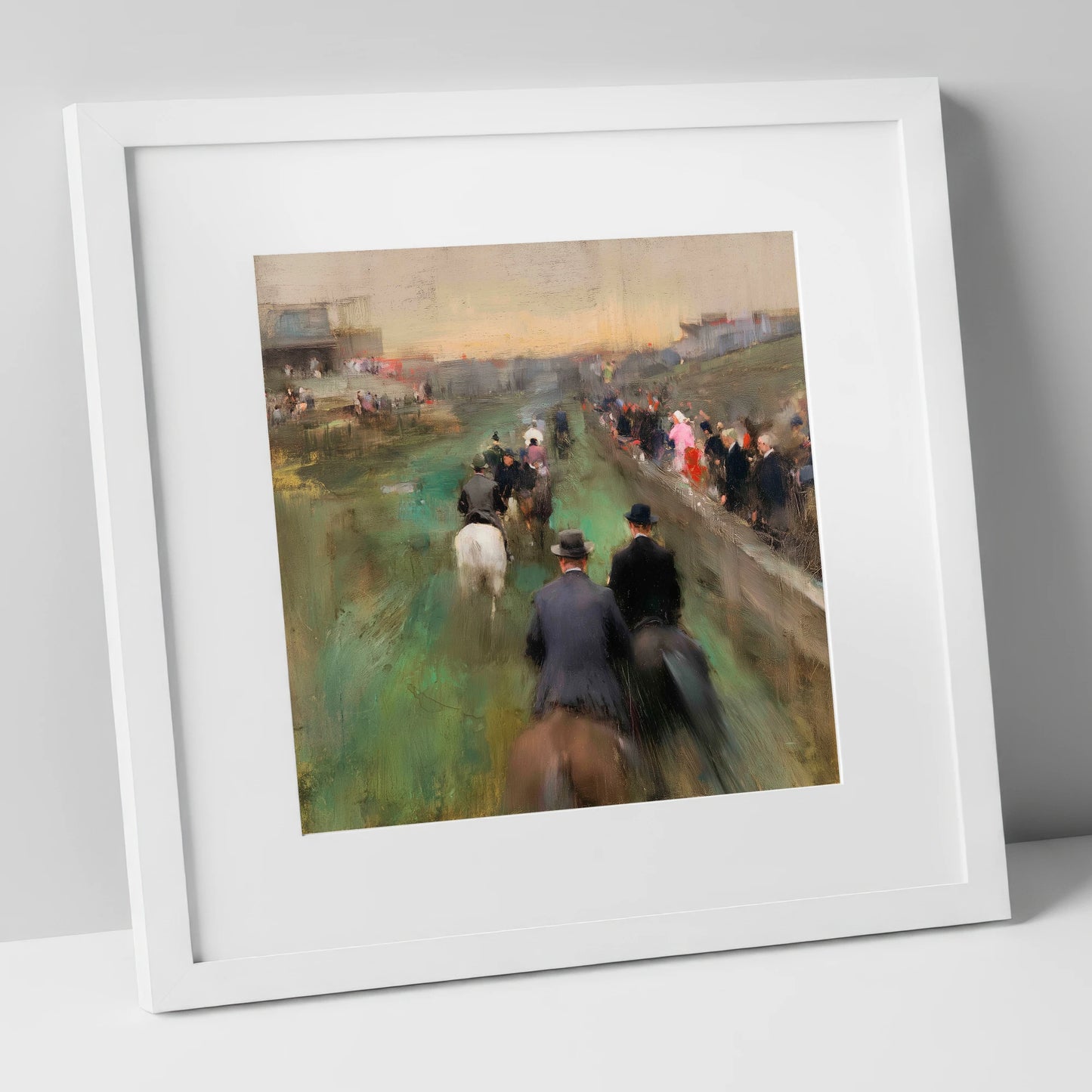 The Paddock Procession racing horse art print in white frame