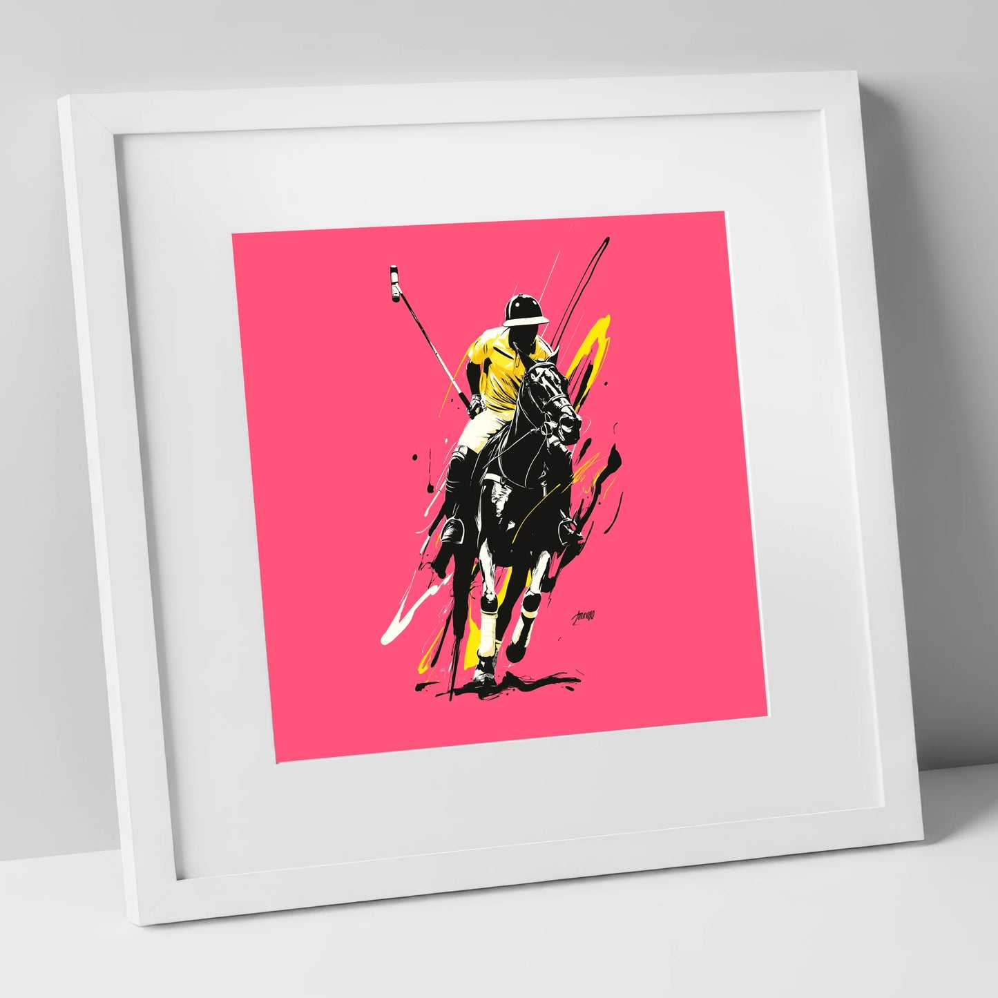 Velocity in Magenta polo horse art print in white frame