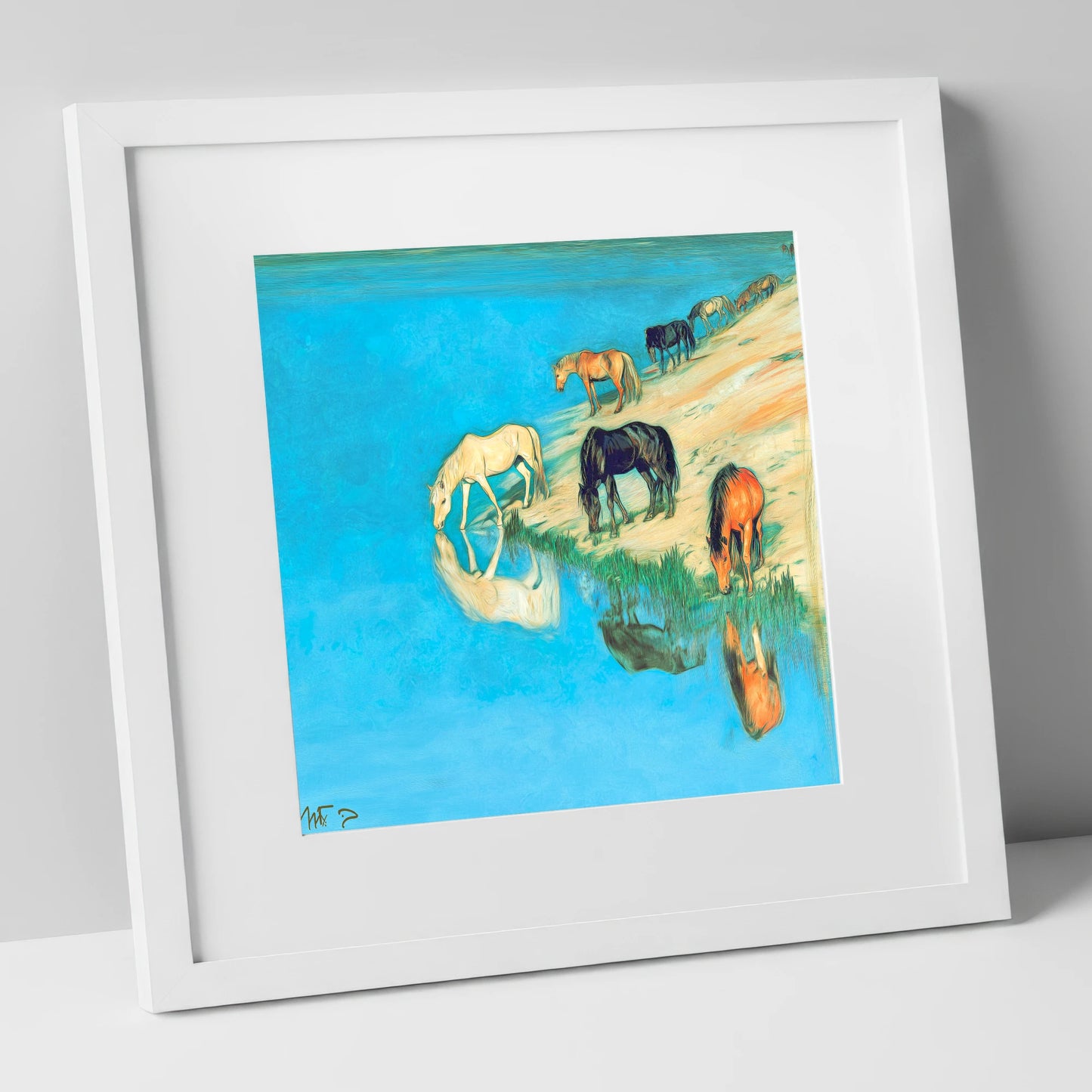 Azure Bank Reflections wild horses art print in white frame