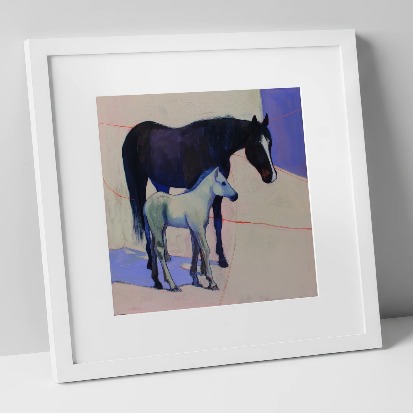 Indigo Shadows mare & foal art print in white frame