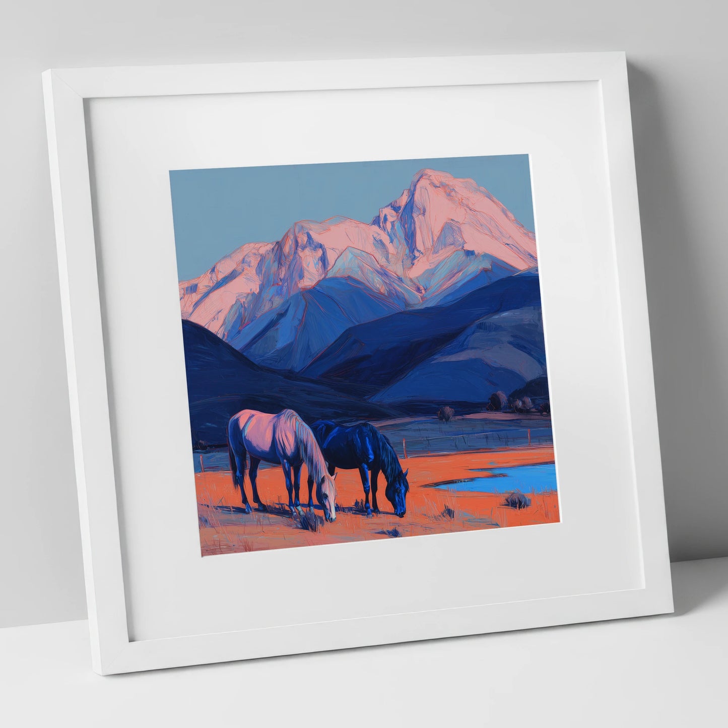 Indigo Mountain Pastures horse landscape art print in white frame