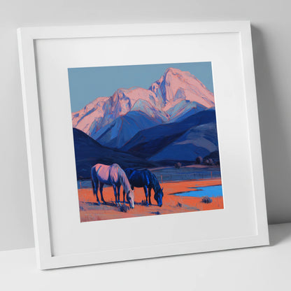 Indigo Mountain Pastures horse landscape art print in white frame