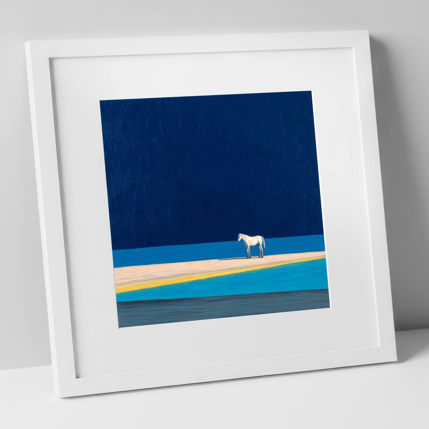 Midnight Blue Horizon horse landscape art print in white frame